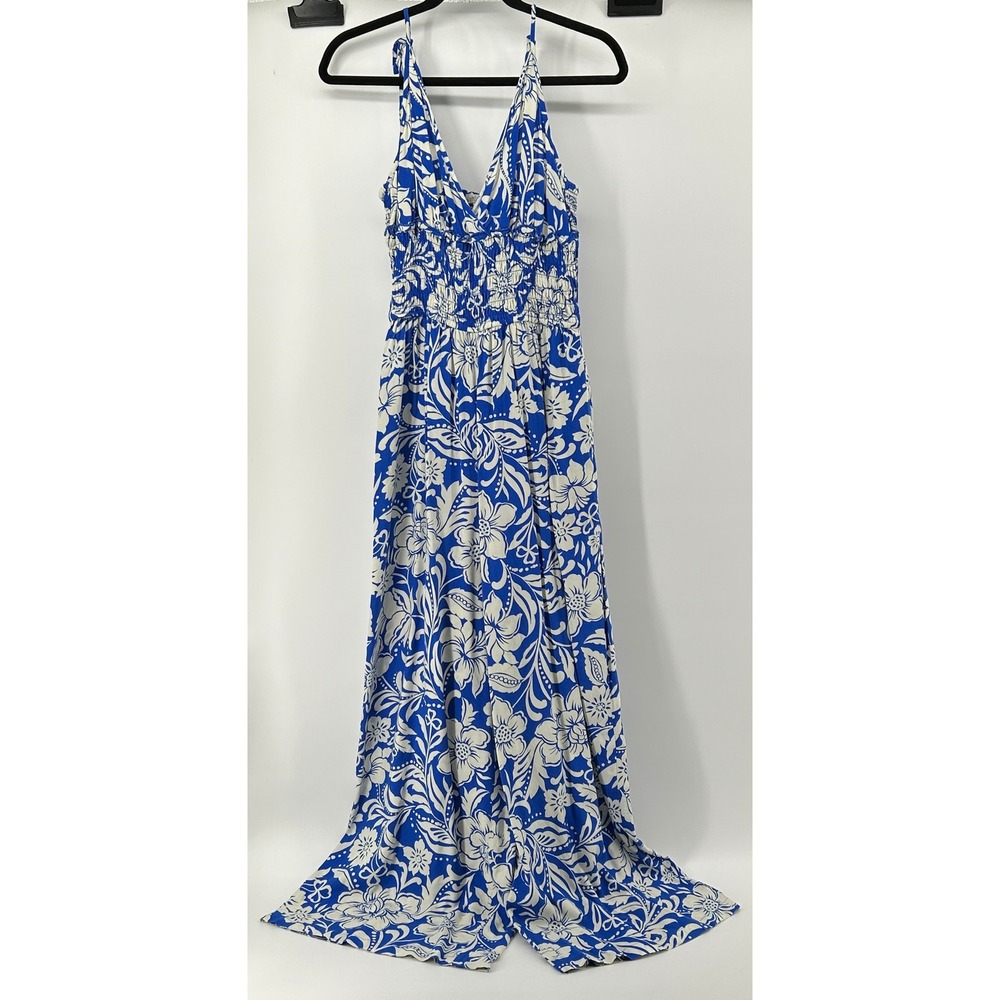 Patrons of Peace Royal Blue White Floral Tropical Smocked Wide Leg Jumpsuit‎ Med